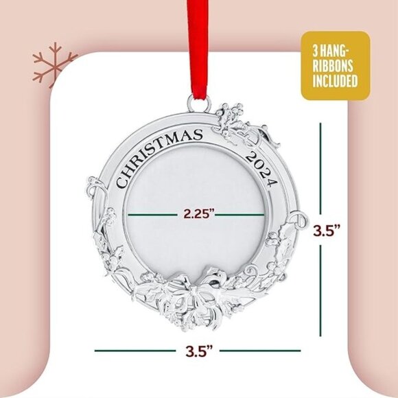 Set of 2 Christmas Silver 3.5" x 3.5" Round Photo Frame Engraved Tree Ornament - Picture 6 of 11